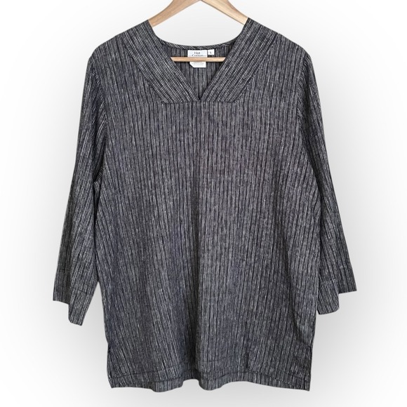 Hot Cotton Womens Popover Striped V Neck Tunic Top Size L Linen 3/4 Sleeve Lagom - Picture 1 of 5